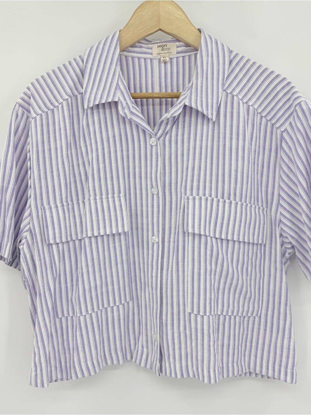 Dizzy Lizzy Striped Button Up Summer Shirt Womens XL Purple Cropped Utility